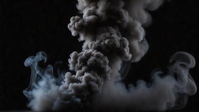 The primary subject of the image is a large, dark cloud of smoke or fog. The setting is a dark background, which contrasts with the cloud. The visual style is a black and white photo, giving the image a dramatic and moody atmosphere. The colors and mood are dominated by the dark cloud, which appears ominous and mysterious.