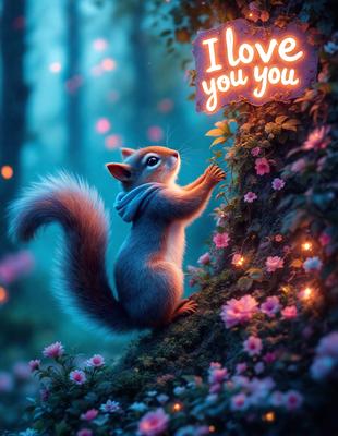 The primary subject of the image is a small, cute animal, possibly a squirrel or a rabbit, standing on a mossy rock. The setting is a forest, with a tree in the background. The visual style is a digital art or illustration, creating a whimsical and charming atmosphere. The colors are predominantly shades of green, pink, and purple, which contribute to the overall mood of the scene.