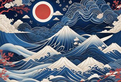 The primary subject of the image is a painting of a mountain range with a blue ocean in the foreground. The setting is a nighttime scene with a moon in the sky. The visual style is a combination of digital art and traditional painting techniques. The dominant colors are blue and white, creating a serene and calming atmosphere.