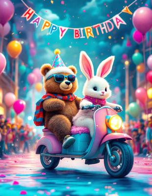 The primary subject of the image is a pink scooter with a teddy bear and a bunny riding on it. The setting is a colorful, festive environment, likely a birthday party. The visual style is a digital art or illustration, with the characters and background being created digitally. The colors and mood are vibrant and cheerful, with the pink scooter and the characters' outfits adding to the celebratory atmosphere.