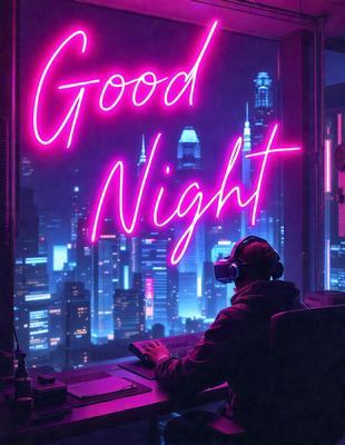 A man is sitting at a desk in front of a computer, wearing headphones and looking out the window. The scene is set in a city at night, with a lit-up skyline visible in the background. The man appears to be working or enjoying some leisure time, possibly listening to music or watching a video. The overall atmosphere is calm and focused, with the man immersed in his activity.