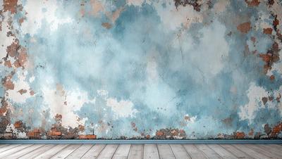 The primary subject of the image is a blue wall with a peeling paint, giving it a worn and aged appearance. The setting is a room with a wooden floor, and the visual style is a photo. The dominant colors are blue and white, with the blue wall being the most prominent feature. The overall atmosphere of the image is one of decay and neglect.