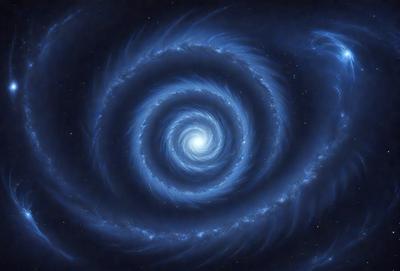 The primary subject of the image is a swirling, spiraling, or whirling blue pattern, which appears to be a digital art or illustration. The setting or background features a dark, starry sky, creating a sense of depth and space. The visual style of the image is artistic and creative, with the blue pattern as the main focus. The colors and mood of the image are predominantly dark and mysterious, with the blue pattern adding a touch of brightness and intrigue.