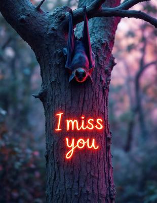 The primary subject of the image is a tree with a bat hanging from it. The setting is a forest, and the visual style appears to be a combination of a photo and digital art. The dominant colors are red and black, creating a bold and striking appearance. The overall atmosphere of the image is mysterious and somewhat eerie, as the bat adds an element of surprise and intrigue to the scene.