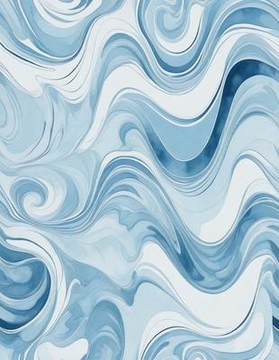 The primary subject of the image is a blue and white swirling pattern, which appears to be a digital art or illustration. The setting is a white background, and the visual style is a combination of digital art and illustration. The dominant colors are blue and white, creating a calm and soothing atmosphere.