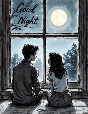 The primary subject of the image is a man and a woman sitting together, looking out a window at night. The setting is a dark room with a window, and the visual style is a black and white illustration. The mood of the image is intimate and serene, as the couple enjoys each other's company in the quiet, nighttime atmosphere.