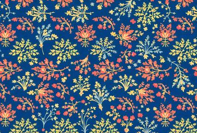 The primary subject of the image is a blue and yellow floral pattern. The setting is a blue background, and the visual style appears to be a combination of a photo and a digital art or illustration. The dominant colors are blue and yellow, creating a lively and vibrant atmosphere.