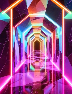 The primary subject of the image is a long, colorful tunnel with a rainbow-colored lighting effect. The tunnel appears to be made of glass, and the lighting creates a vibrant and lively atmosphere. The setting is a futuristic environment, possibly a space station or a high-tech facility. The visual style of the image is a combination of digital art and illustration, with the use of vivid colors and lighting effects to create a unique and captivating scene.