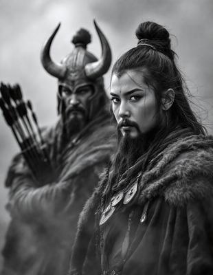 The primary subject of the image is a man with a beard and a ponytail, wearing a helmet and holding a bow. He is standing next to another man, who is also wearing a helmet and holding a bow. The setting appears to be a dark, possibly foggy, environment. The visual style of the image is a black and white photo, which adds a dramatic and timeless quality to the scene. The dominant colors are black and white, and the overall atmosphere is mysterious and intense.