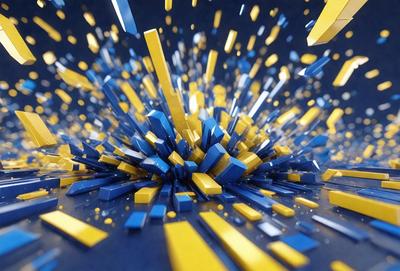 The primary subject of the image is a close-up of a blue and yellow colorful pattern. The setting is a blue background, and the visual style appears to be a digital art or illustration. The dominant colors are blue and yellow, creating a vibrant and lively atmosphere.