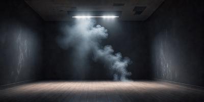 The primary subject of the image is a large, dark room with a single light source shining on the wall. The light creates a dramatic effect, as it illuminates a cloud of smoke or fog that is floating in the air. The setting appears to be a dark room, possibly a theater or a studio, with a focus on the smoke or fog as the main object. The visual style of the image is a combination of a photo and digital art, as the smoke or fog appears to be digitally manipulated to create a