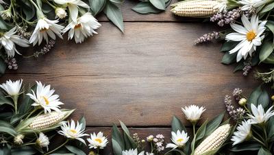 The primary subject of the image is a wooden table with a white background. The table is adorned with a variety of white flowers, including daisies, and is surrounded by green leaves. The visual style of the image is a close-up of the flowers and table, creating a natural and serene atmosphere. The colors and mood of the image are predominantly white and green, giving it a fresh and calming appearance.