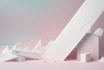 The primary subject of the image is a large white rock formation, which appears to be a part of a mountain range. The setting is a pink and white mountainous landscape, with a sky visible in the background. The visual style of the image is a combination of digital art and illustration, creating a unique and artistic representation of the mountain range. The colors and mood of the image are predominantly pink and white, giving it a serene and calming atmosphere.