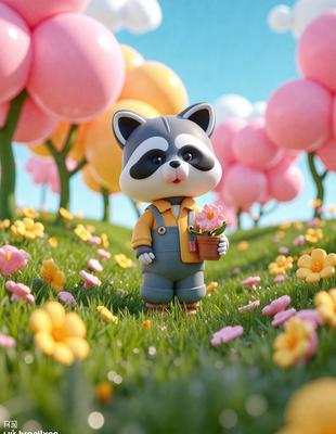 The primary subject of the image is a toy raccoon holding a pink flower. The setting is a field with pink flowers, and the visual style is a digital art illustration. The colors and mood of the image are predominantly pink and cheerful, creating a pleasant and whimsical atmosphere.