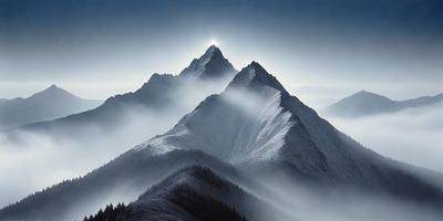 The primary subject of the image is a mountain with a snow-covered peak. The mountain is surrounded by a hazy, foggy atmosphere, giving it a mystical and serene appearance. The setting is a mountainous landscape, with the mountain being the main object of focus. The visual style of the image is a combination of photo and digital art, creating a realistic yet artistic representation of the mountain. The colors and mood of the image are predominantly cool and calming, with the snow-covered peak and