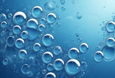 The primary subject of the image is a large body of blue water with numerous bubbles floating on its surface. The water appears to be a deep blue, and the bubbles are scattered throughout the scene, creating a sense of depth and movement. The visual style of the image is a close-up of the water, showcasing the bubbles and their reflections on the surface. The colors and mood of the image are serene and calming, with the deep blue water and the gentle movement of the bubbles
