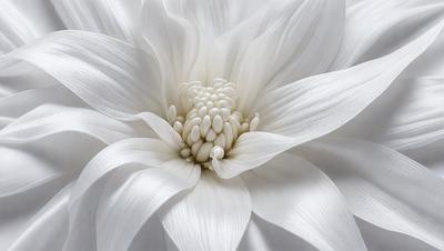 The primary subject of the image is a white flower with a large, round center. The setting is a white background, which highlights the flower's beauty. The visual style is a close-up of the flower, showcasing its details. The colors and mood of the image are predominantly white, creating a serene and peaceful atmosphere.