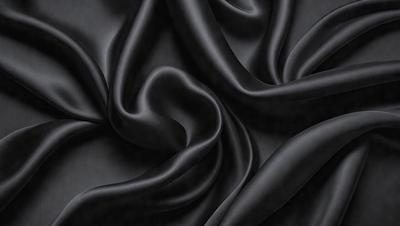 The primary subject of the image is a close-up of a black fabric, possibly a piece of clothing or a curtain. The setting is a dark background, which emphasizes the fabric's texture and color. The visual style appears to be a photo, as it captures the fabric's details and texture. The colors and mood of the image are predominantly dark, with the black fabric being the main focus.