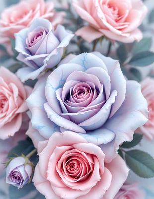 The primary subject of the image is a bouquet of pink and purple roses. The setting is a close-up of the flowers, showcasing their beauty and details. The visual style is a realistic representation of the flowers, with no indication of digital art or illustration. The colors and mood of the image are predominantly pink and purple, creating a sense of elegance and romance.