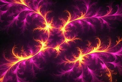 The primary subject of the image is a purple and yellow floral pattern. The setting is a dark background, which contrasts with the vibrant colors of the floral pattern. The visual style appears to be a digital art or illustration, as the floral pattern is intricately detailed and the colors are rich and saturated. The dominant colors are purple and yellow, creating a lively and energetic atmosphere.