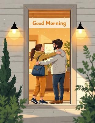 The primary subject of the image is a man and a woman standing together in a room. The woman is wearing a yellow dress, and the man is wearing a white hoodie. They are both smiling and appear to be enjoying their time together. The setting is indoors, with a potted plant visible in the background. The visual style of the image is a combination of digital art and illustration, creating a warm and inviting atmosphere. The colors used in the image are predominantly warm and earthy t