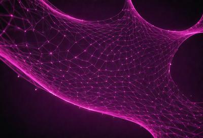 The primary subject of the image is a purple, pink, and white web-like structure. The setting is a dark background, which contrasts with the vibrant colors of the web. The visual style is a combination of digital art and illustration, creating a unique and eye-catching design. The colors and mood of the image are predominantly purple and pink, giving it a soft and dreamy atmosphere.