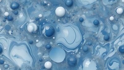 The primary subject of the image is a blue, swirling, and bubbly surface, which appears to be a digital art or illustration. The setting is a blue background, and the visual style is a combination of digital art and illustration. The colors and mood of the image are predominantly blue, creating a calm and serene atmosphere.