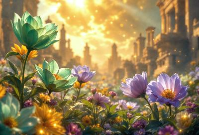 The primary subject of the image is a field of flowers, with a variety of different colored flowers blooming in the sunlight. The setting is a beautiful, sunny day with a clear sky. The visual style of the image is a digital art or illustration, showcasing the vibrant colors and intricate details of the flowers. The overall atmosphere of the image is lively and cheerful, with the flowers creating a sense of warmth and beauty.