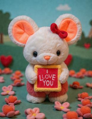 The primary subject of the image is a white teddy bear holding a heart-shaped sign that reads "I love you." The setting is a field with flowers, creating a pleasant and romantic atmosphere. The visual style is a combination of a photo and digital art, as the bear and the heart sign are both realistic and have a touch of digital enhancement. The colors are predominantly white and pink, which contribute to the overall warm and loving mood of the scene.