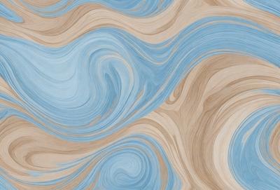 The primary subject of the image is a blue and white swirling pattern, which appears to be a painting or a digital artwork. The setting is a wooden surface, possibly a table or a wall, where the artwork is displayed. The visual style suggests that the image is a creative and artistic representation of a swirling pattern. The dominant colors in the image are blue and white, creating a sense of calmness and tranquility.
