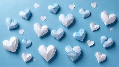 The primary subject of the image is a collection of paper hearts, which are arranged on a blue wall. The setting is a room with a blue background, and the visual style is a combination of digital art and illustration. The hearts come in various sizes and are placed in different positions on the wall, creating a visually appealing and artistic display. The dominant colors in the image are blue and white, giving the scene a calm and serene atmosphere.