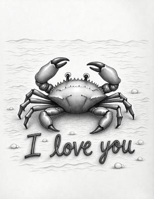 The primary subject of the image is a crab, which is the main object, scene, or focus of the image. The crab is depicted in a drawing or illustration style, with a black and white color scheme. The setting or background of the image features a body of water, which adds to the overall atmosphere of the scene.