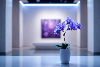The primary subject of the image is a white vase filled with purple orchids. The vase is placed on a white countertop, which serves as the setting for the scene. The visual style of the image is a photo, capturing the beauty of the orchids in the vase. The colors and mood of the image are predominantly purple, creating a serene and elegant atmosphere.