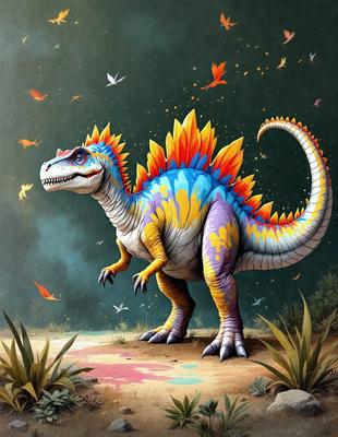 The primary subject of the image is a colorful, cartoon-like dinosaur with a blue, yellow, and orange color scheme. The dinosaur is standing on a dirt ground, surrounded by a few birds flying in the sky. The setting appears to be a natural environment, with the dinosaur as the main focus. The visual style of the image is a combination of digital art and illustration, creating a vibrant and lively atmosphere. The colors and mood of the image are energetic and play