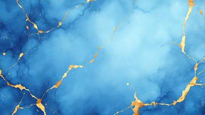 The primary subject of the image is a blue and gold marbled wall. The setting is a room with a blue and gold marbled wall, which serves as the background. The visual style is a painting, with a mix of blue and gold colors creating a rich and luxurious atmosphere.