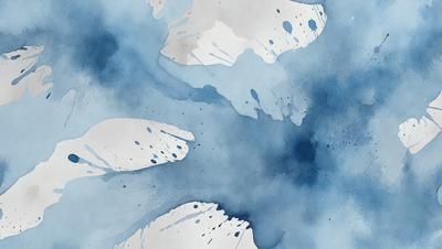 The primary subject of the image is a painting of a blue water surface with white clouds. The setting is a blue background, and the visual style is a watercolor painting. The dominant colors are blue and white, creating a serene and calming atmosphere.