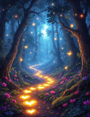 The primary subject of the image is a pathway in a forest, surrounded by trees and flowers. The setting is a forest with a blue sky, creating a serene and peaceful atmosphere. The visual style is a digital art, illustration, or drawing, with a focus on the pathway and the surrounding environment. The colors are predominantly blue and purple, with the flowers adding a touch of pink. The overall mood of the image is calm and tranquil.