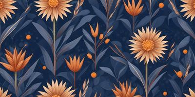 The primary subject of the image is a close-up of a flower, with a blue background. The visual style appears to be a digital art or illustration, as the flower is depicted in a detailed and vibrant manner. The dominant colors are blue and orange, creating a lively and energetic atmosphere.