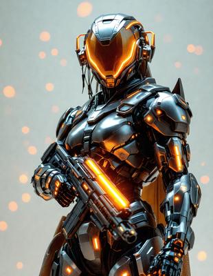 The primary subject of the image is a woman dressed in a futuristic outfit, holding a gun. She is wearing a helmet and has a sword on her back. The setting is a futuristic environment, possibly a video game or a science fiction scene. The visual style is digital art, as the woman is depicted in a 3D model. The colors and mood of the image are predominantly orange, giving it a futuristic and high-tech appearance.