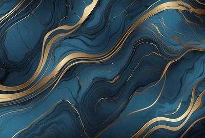 The primary subject of the image is a blue and gold marble-like pattern. The setting is a blue background, and the visual style appears to be a combination of a photo and digital art. The dominant colors are blue and gold, creating a luxurious and elegant atmosphere.