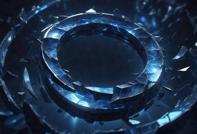 The primary subject of the image is a large, blue, circular object with a hole in the center. The setting is a dark, blue background, which adds to the overall mood of the image. The visual style appears to be a combination of digital art and illustration, creating a unique and intriguing design. The colors and mood of the image are predominantly dark and mysterious, with the blue hue of the object and the background creating a sense of depth and intrigue.