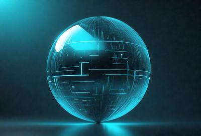The primary subject of the image is a large, blue, illuminated sphere. The setting is a dark background, which contrasts with the bright blue light emanating from the sphere. The visual style appears to be a combination of digital art and illustration, creating a unique and captivating scene. The colors and mood of the image are predominantly blue, giving it a calm and serene atmosphere.