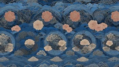 The primary subject of the image is a beautifully designed blue and white tapestry featuring a pattern of flowers. The setting is a blue background, which complements the artwork. The visual style is a combination of digital art and illustration, creating a vibrant and intricate design. The colors and mood of the image are predominantly blue and white, giving it a serene and elegant appearance.