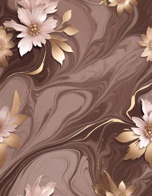 The primary subject of the image is a wall with a pattern of gold flowers and swirls. The setting is a room with a brown and gold color scheme. The visual style is a combination of digital art and illustration, creating a unique and artistic design. The dominant colors are gold and brown, giving the wall a warm and elegant appearance.