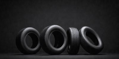 The primary subject of the image is a row of tires, which are the main objects in the scene. The tires are arranged in a visually appealing manner, with some tires overlapping each other. The setting is a black background, which provides a stark contrast to the tires. The visual style of the image is a combination of photo and digital art, creating a unique and eye-catching composition. The colors and mood of the image are predominantly black, giving it a sleek and modern appearance.