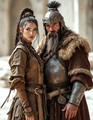 The primary subject of the image is a man and a woman standing together, with the man wearing a metal suit and the woman wearing a brown dress. They are posing for a picture, and the man is holding the woman in his arms. The setting is an outdoor environment, with a stone wall visible in the background. The visual style is a photo, and the colors and mood are warm and inviting.
