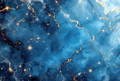 The primary subject of the image is a blue and gold starry background. The setting is a blue and gold starry background, which creates a unique and visually appealing environment. The visual style of the image is digital art, as it appears to be a digital painting or illustration. The dominant colors in the image are blue and gold, giving it a warm and inviting atmosphere.