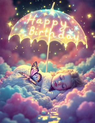 The primary subject of the image is a little girl sleeping under a pink umbrella. The setting is a colorful, dreamy environment with a pink and purple background. The visual style is a digital art or illustration, creating a whimsical and imaginative atmosphere. The colors and mood are predominantly pink and purple, giving the scene a warm and comforting feel.