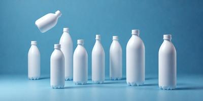 The primary subject of the image is a row of white plastic bottles. They are arranged in a straight line on a blue surface, which could be a table or a counter. The visual style of the image is a photo, and the dominant colors are white and blue. The overall atmosphere of the image is clean and organized, with the bottles appearing to be ready for use or display.