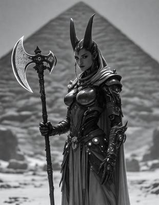 The primary subject of the image is a woman dressed in a medieval-style costume, holding a large sword. She is standing in front of a pyramid, which serves as the setting and background of the scene. The visual style of the image is digital art, with the woman's costume and the pyramid being the main focus of the composition. The colors and mood of the image are dark and dramatic, with the woman's costume and the pyramid creating a sense of mystery and intrigue.